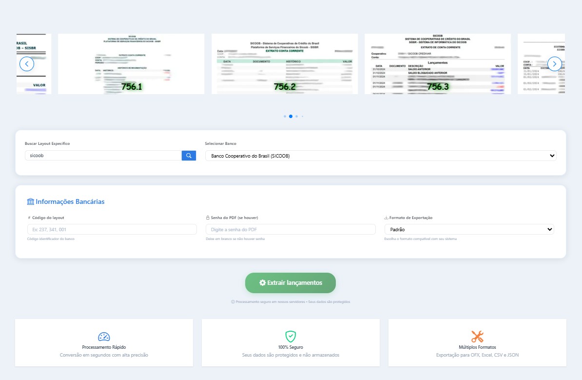 Interface do Conversor de PDF para OFX/Excel